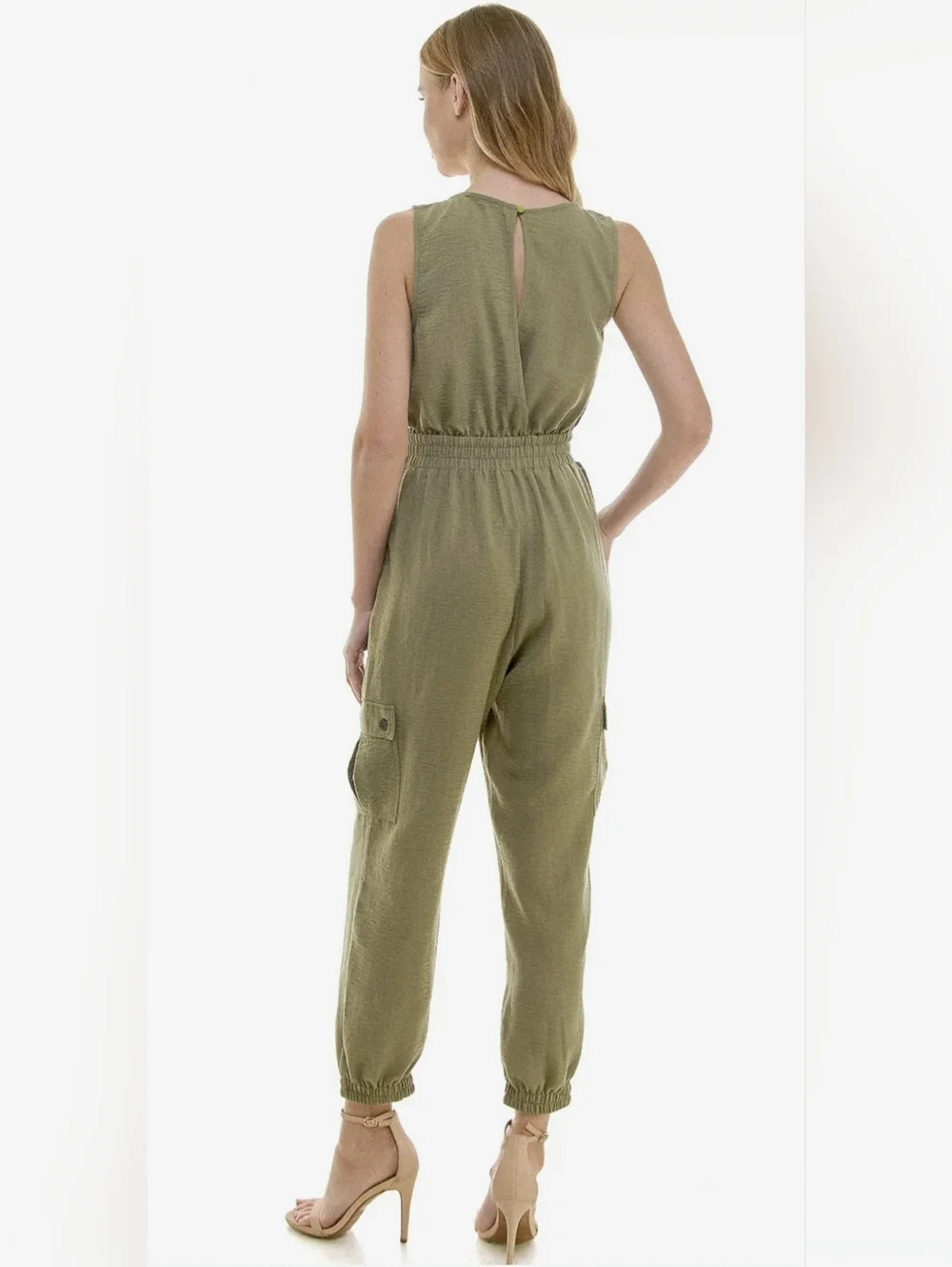 As U Wish Juniors' Olive Green Drawstring Waist Cargo Jumpsuit - Size Large - Picture 3 of 16